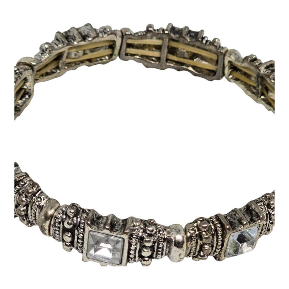Vintage Silver Tone Stretch Bracelet Clear Rhinestone Crystal Square Ornate - Picture 2 of 10